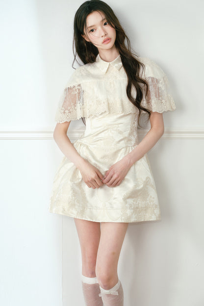 Champagne Satin Jacquard Cape-Style Puffy Dress
