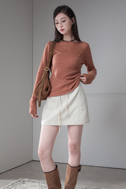 Pumpkin Orange Brown Lace Patchwork Knit Top