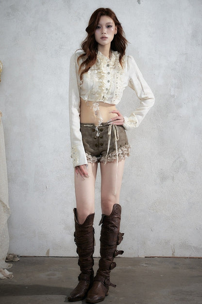 Asymmetric Polka Dot Striped Lace Shirt