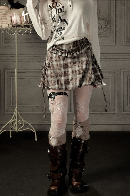 High-Waisted Coffee Plaid Ruffle Tie Skirt