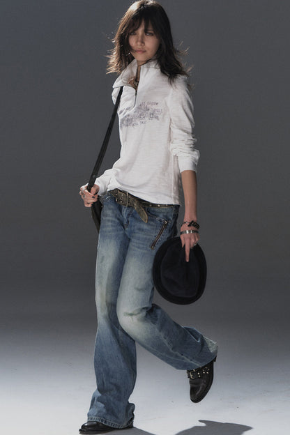 Stand Collar Metal Zipper Printed T-Shirt