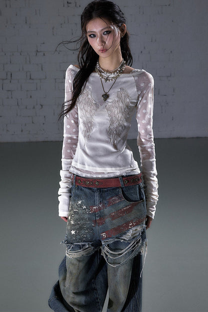 Baroque Flocked Wing Embroidered Blouse