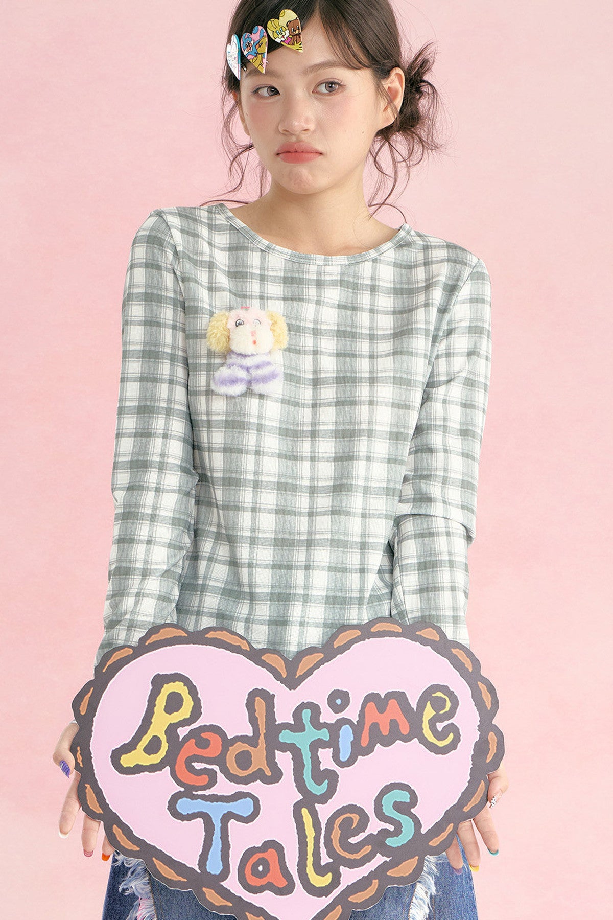 Plaid Bear Print Long Sleeve Top
