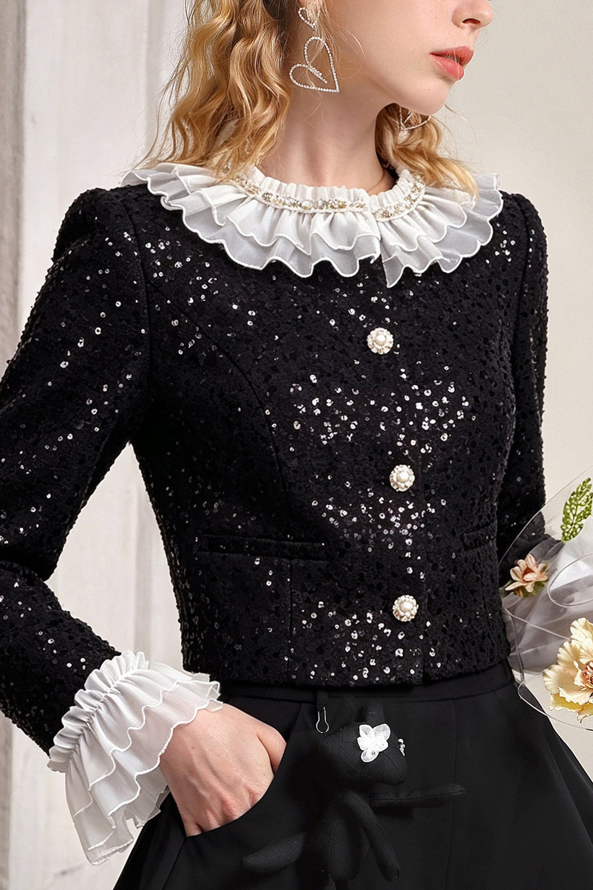 Short Ruffled Lotus Sleeve Jacket