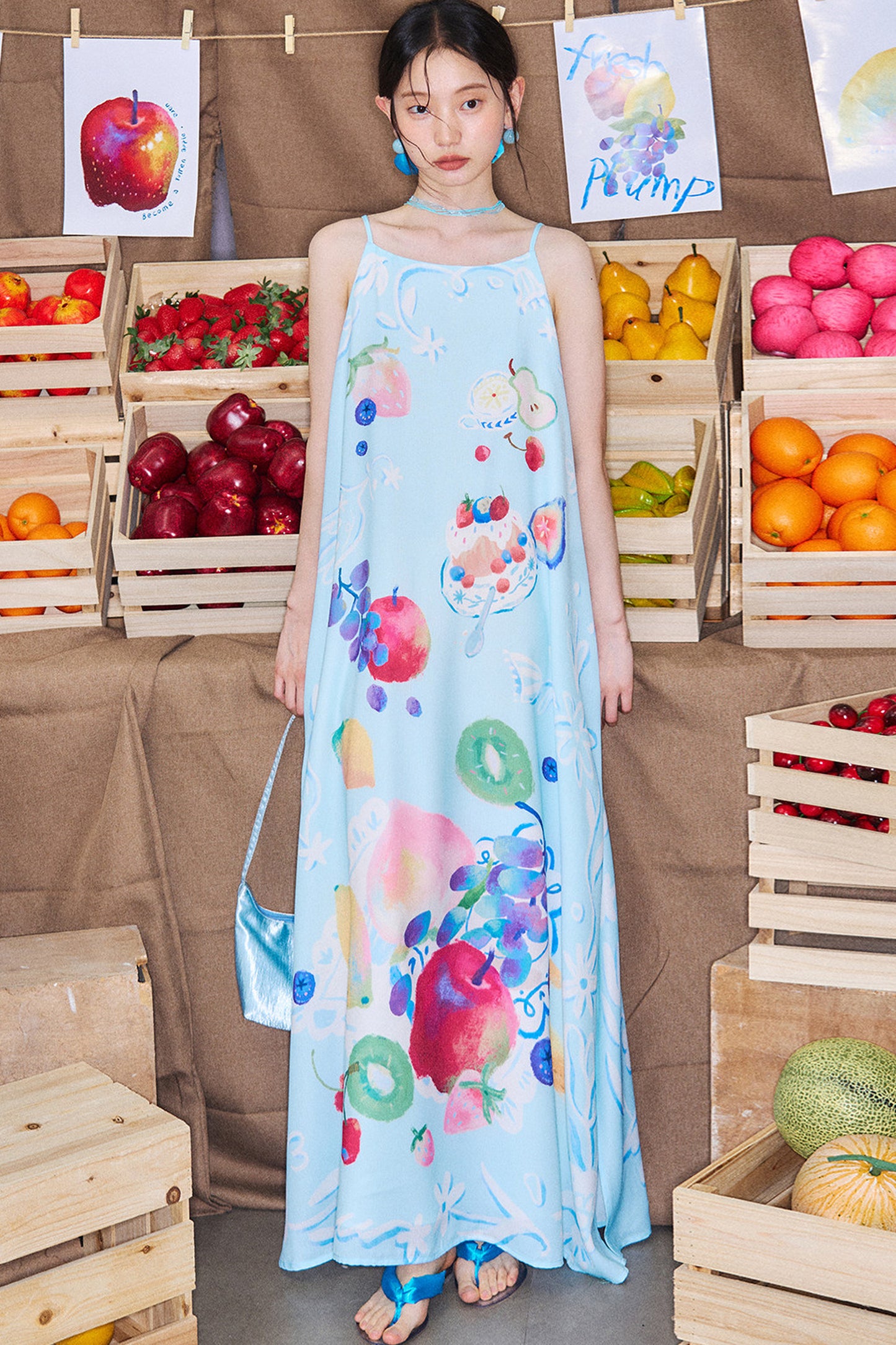 Hand-Painted Fruit Print Slip Dress