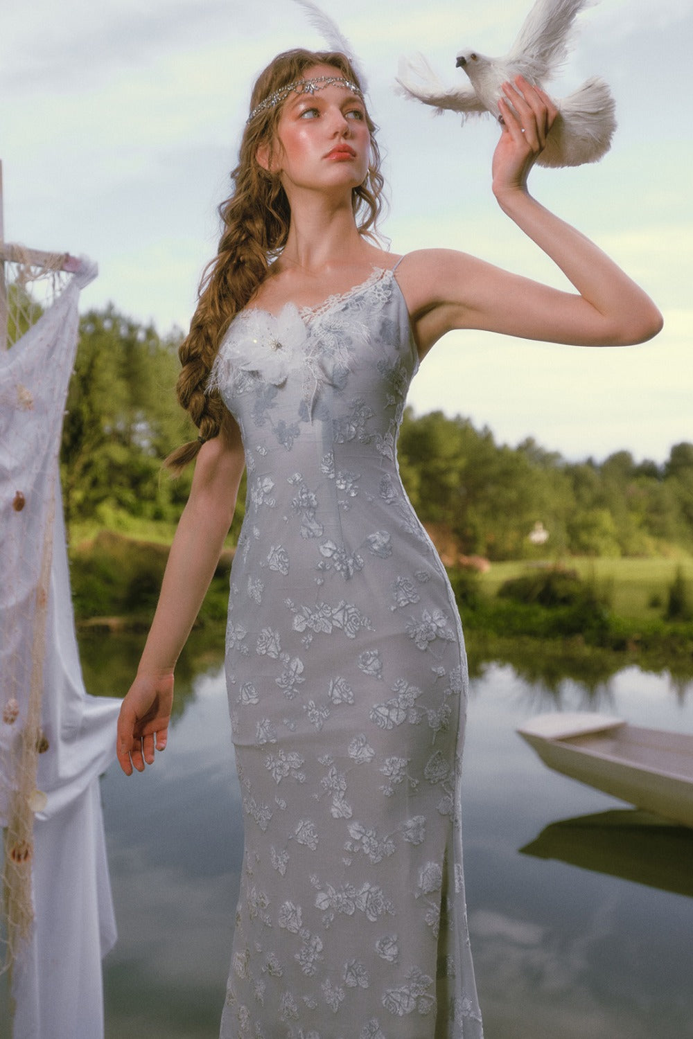 Little Swan Floral Fishtail Dress Shawl Set-Up