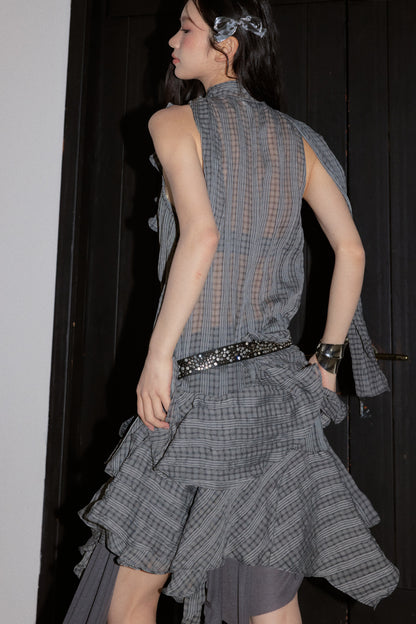 Deep V Ruffled Plaid Dress