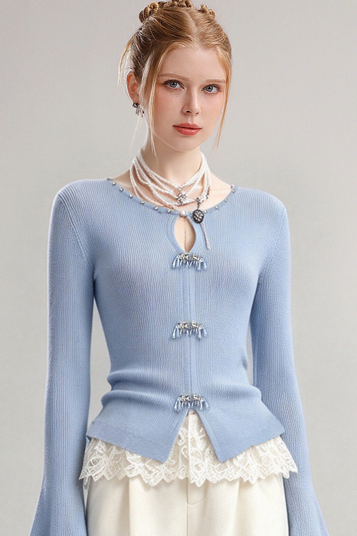 Boat Neck Slim Fit Flare Sleeve Top