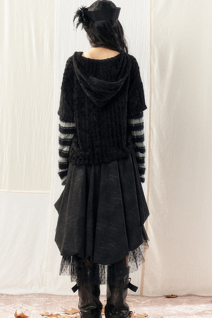 Light Striped Patchwork Hooded Knit Sweater