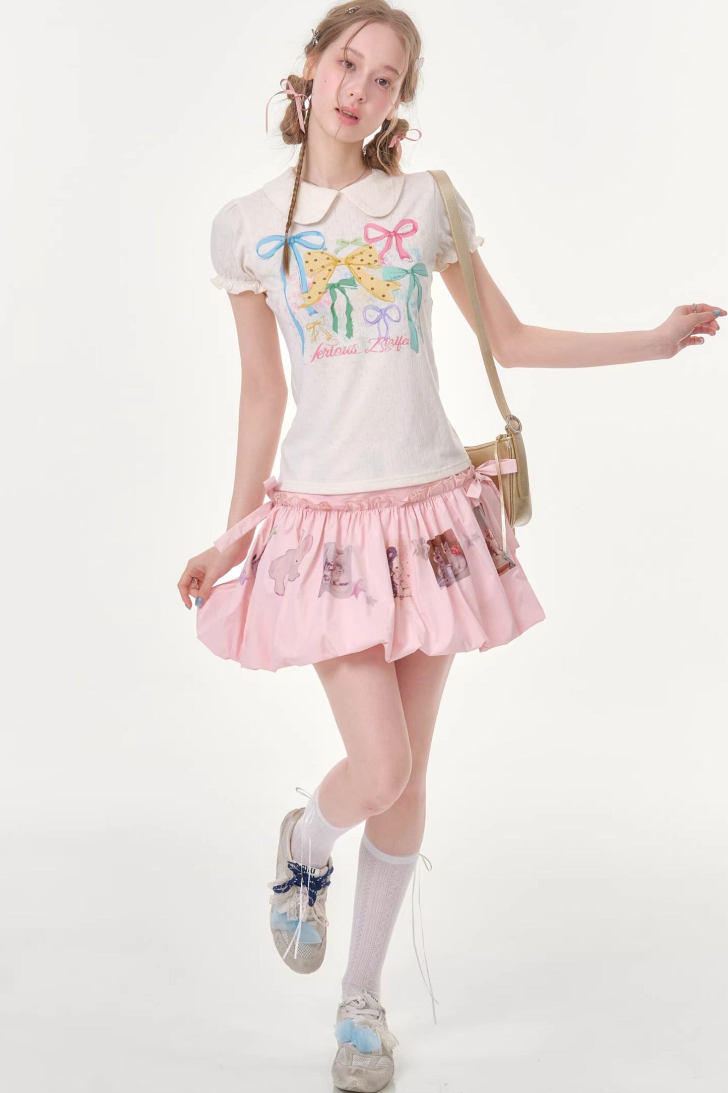 White Floral Bow Puff Sleeve T-Shirt