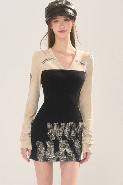 Printed Layered-Look V-Neck Dress