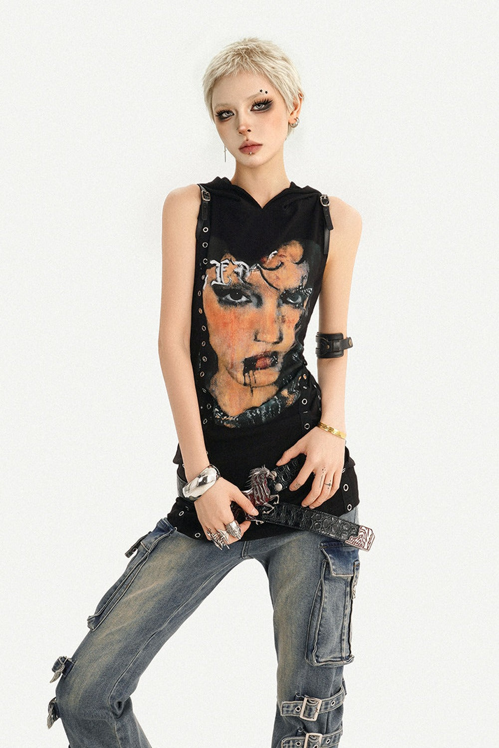 Punk Rivet Printed Hooded Dress