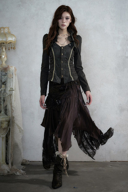 Lace Patchwork Ruched Layered-Look Shirt