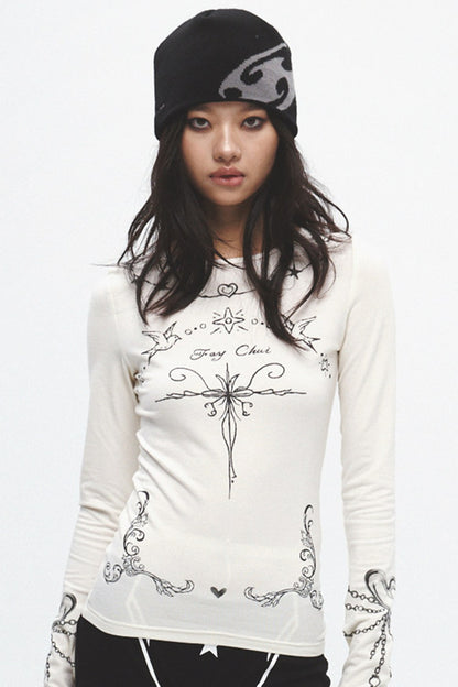 Long Sleeve Thorn Print T-Shirt