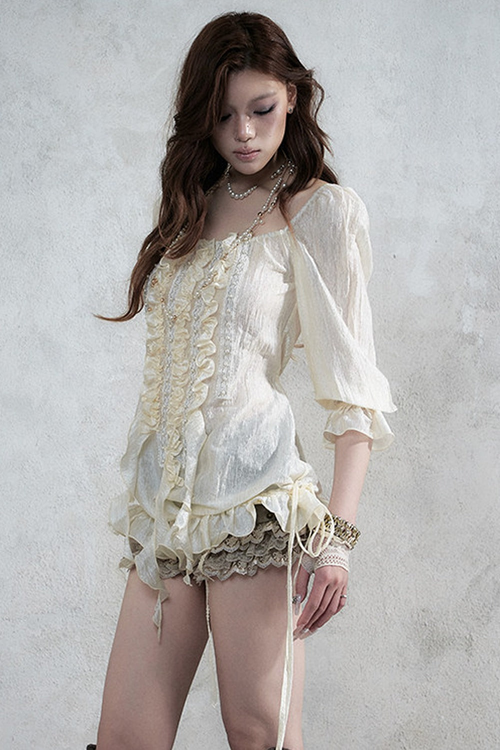 Ruffle Ribbon Puff Sleeve Blouse