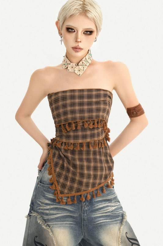 Plaid Tassel Tube Top