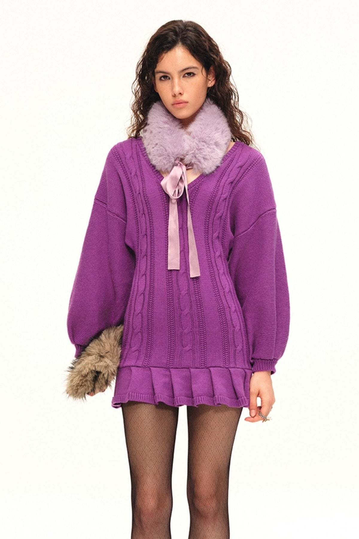 Faux Fur Neck Warmer Satin Tie Scarf