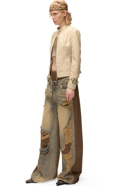 Slim-Fitting Functional Spliced PU Leather Jacket