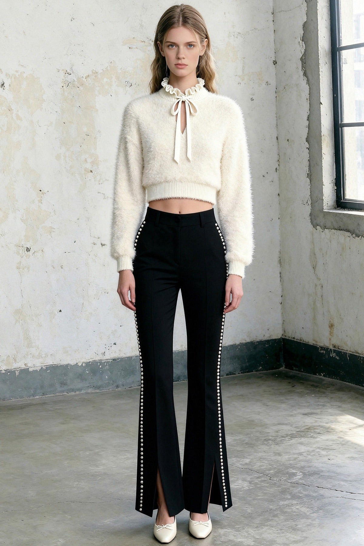 Pearl Lantern Sleeve Sweater and Pants Set-Up