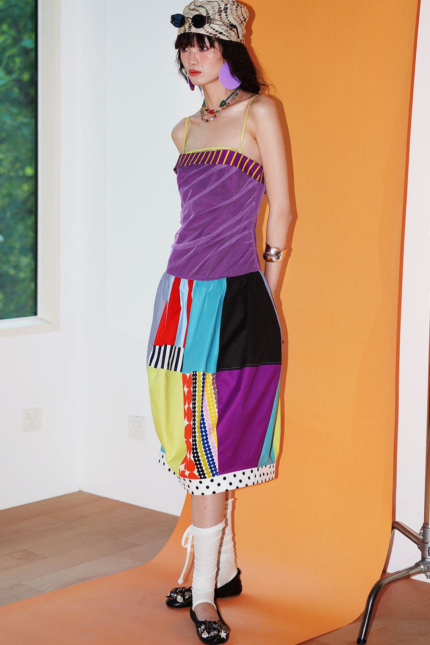 Patchwork Pleated Balloon Dress