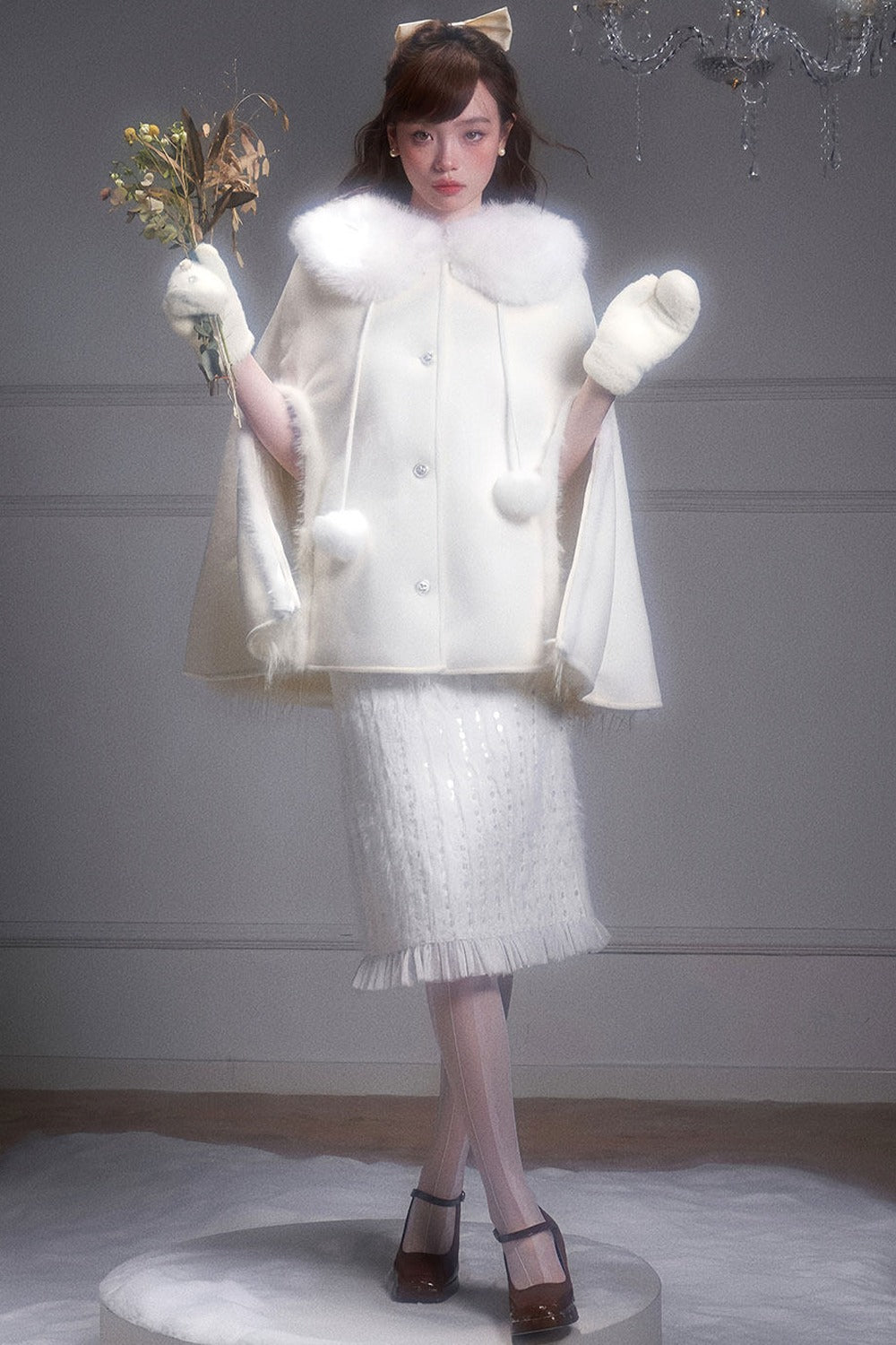 Snow Mountain Silver-White Long-Haired Fur Coat and Skirt Set-Up