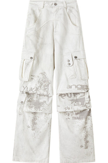 Dirty-Washed Multi-Pocket Wide-Leg Cargo Pants