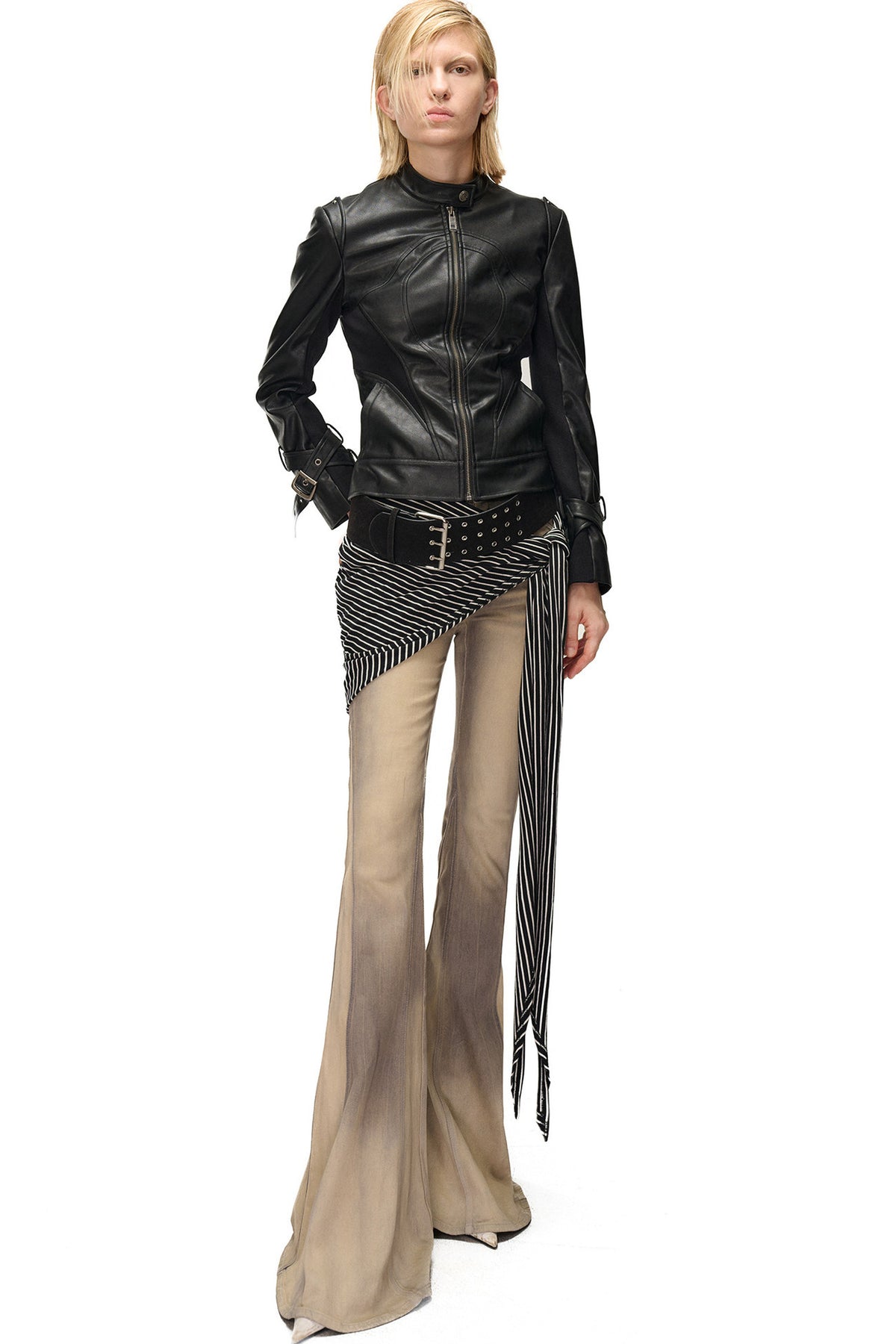Slim-Fitting Functional Spliced PU Leather Jacket