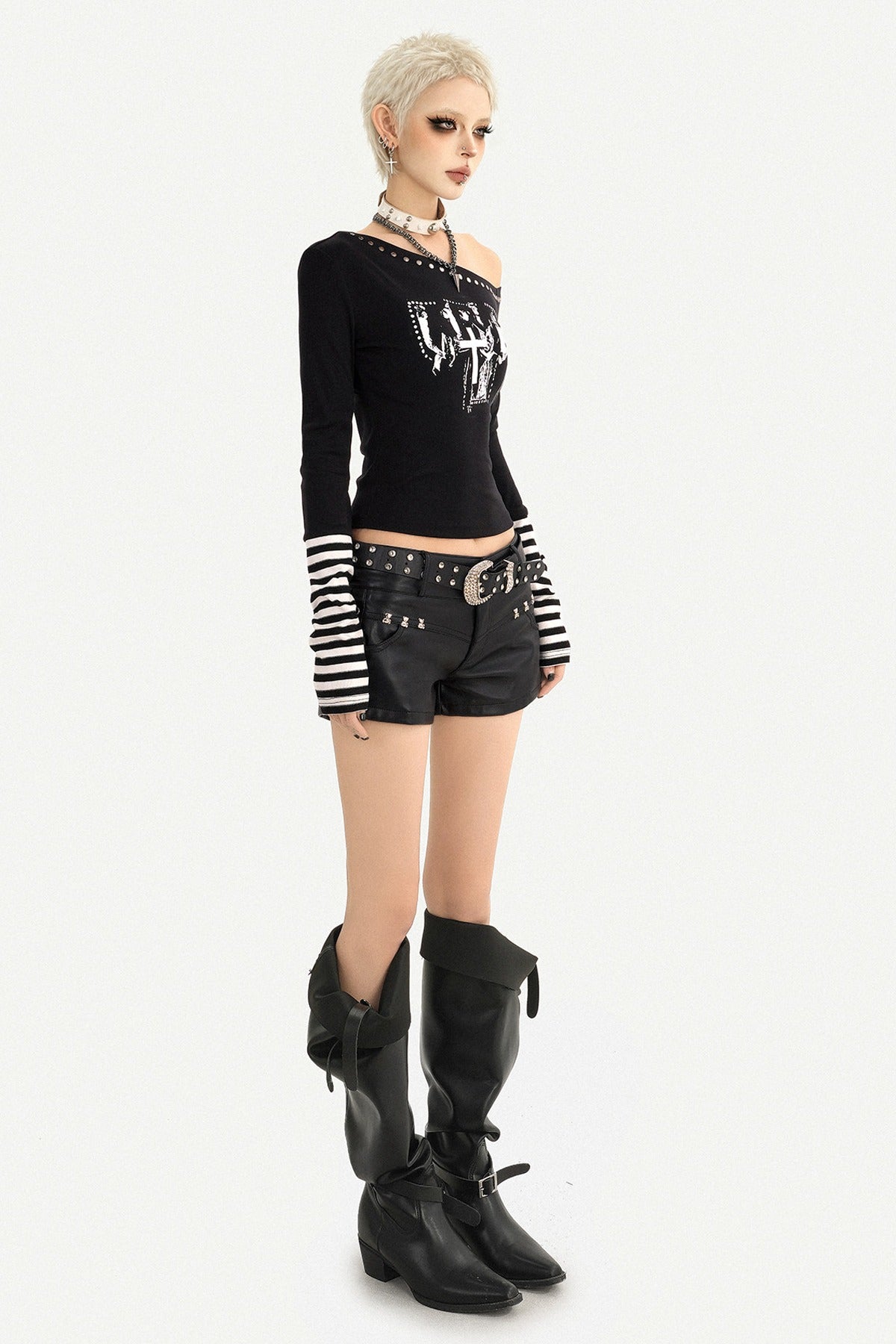Off-Shoulder Letter Print Long Sleeve T-shirt