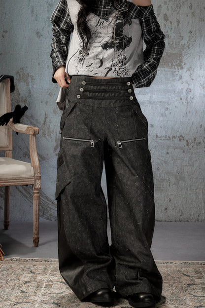 Black Patchwork Ripped High-Waisted Cargo Pants