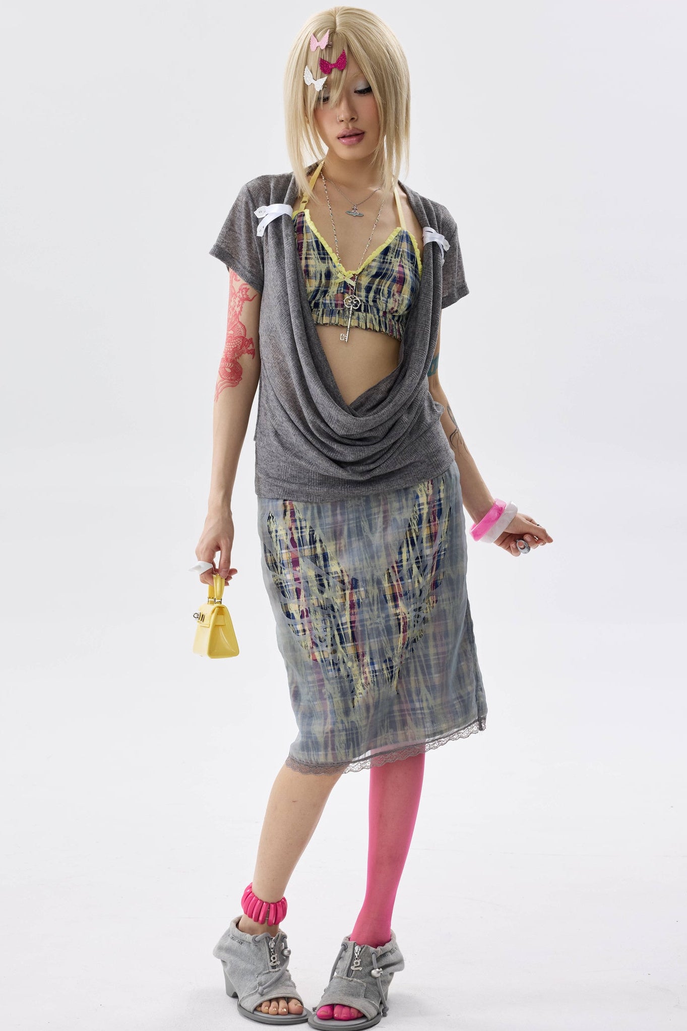 Plaid Organza Cut-Out Skirt