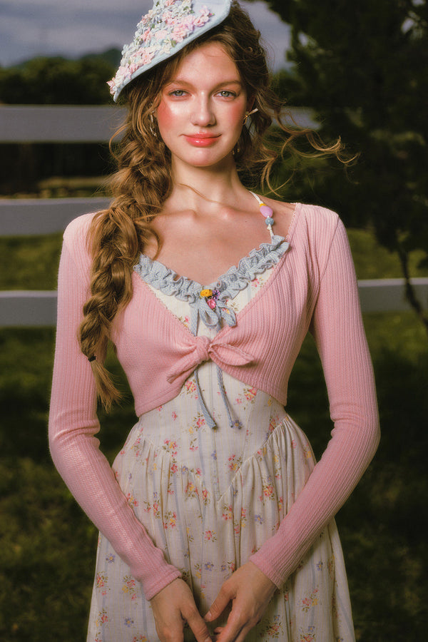 Floral Printed Fishbone Camisole Dress and Pink Cardigan Set-Up