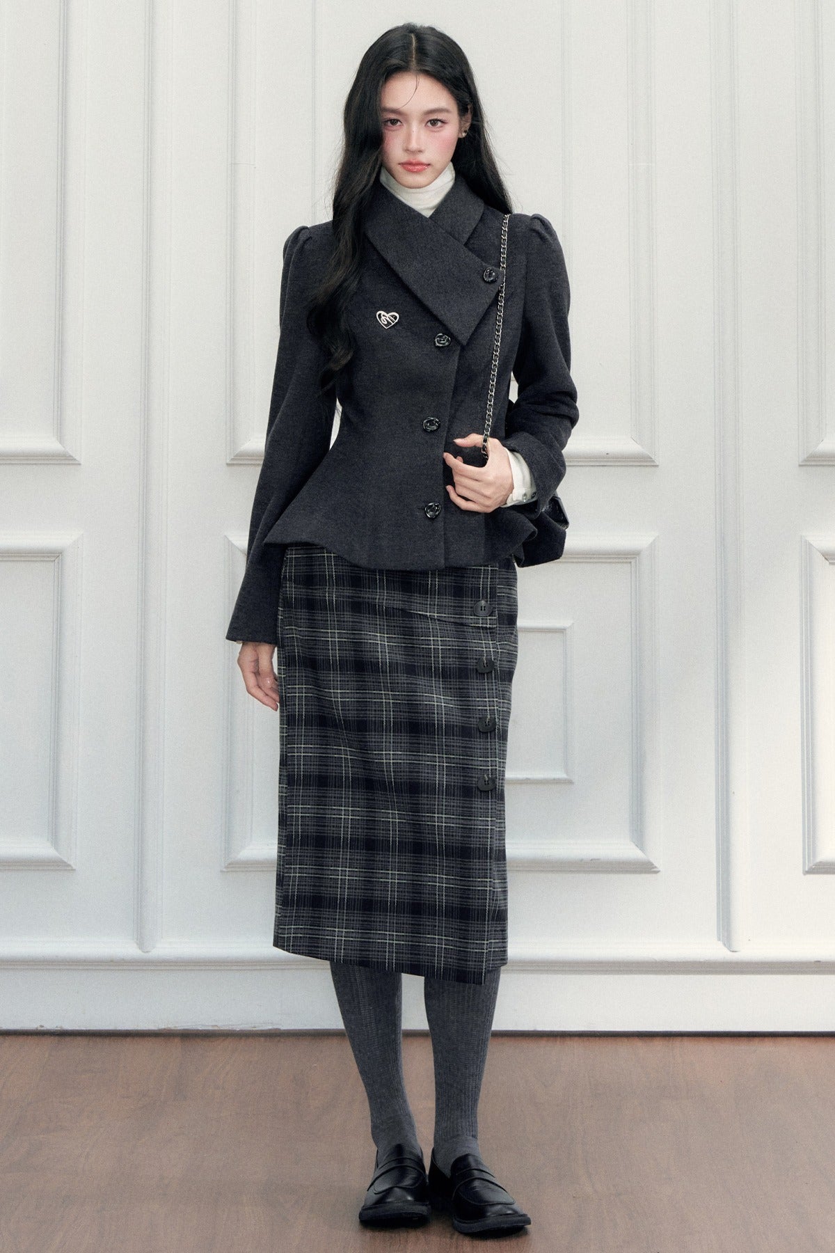 Turn-Down Collar Woolen Blazer and Hip-Hugging Long Skirt Set-Up