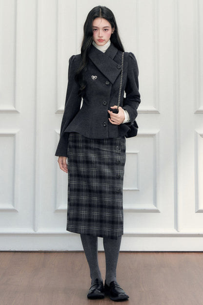 Turn-Down Collar Woolen Blazer and Hip-Hugging Long Skirt Set-Up