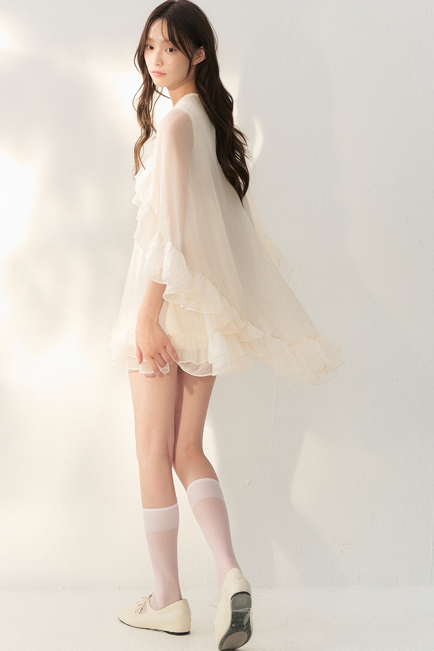 Beige Tulle Cape Ruffle Dress