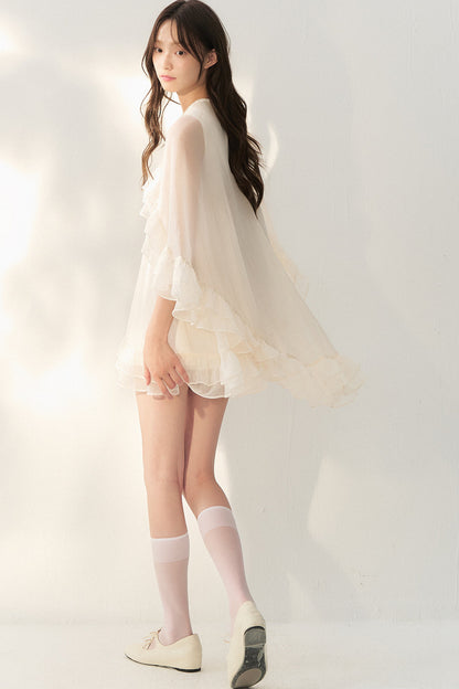 Beige Tulle Cape Ruffle Dress
