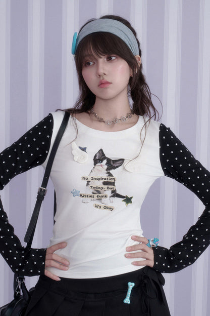 고양이 프린트 허리 조임 티셔츠