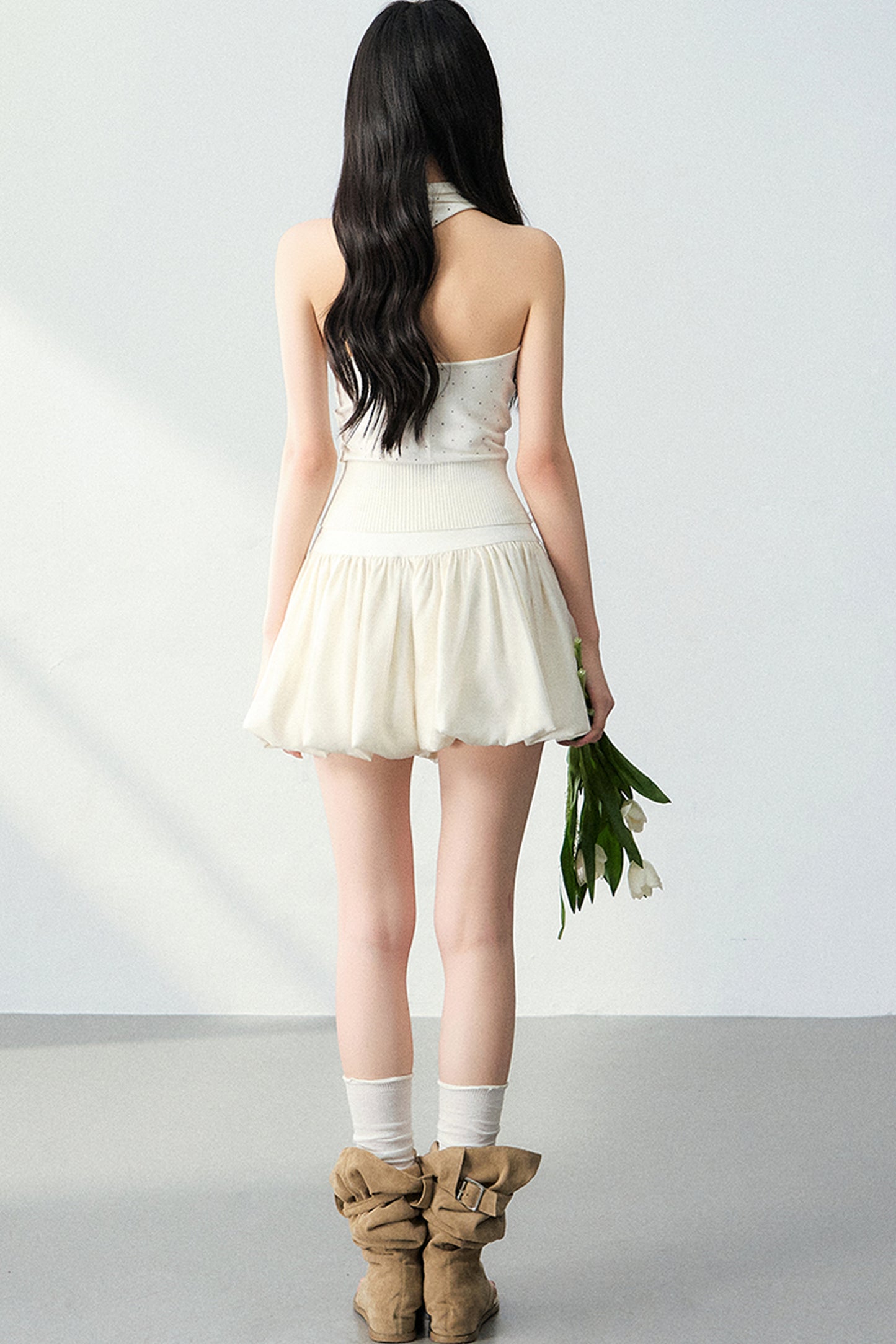 Polka Dot Halter Top and Beige Skirt Set-Up