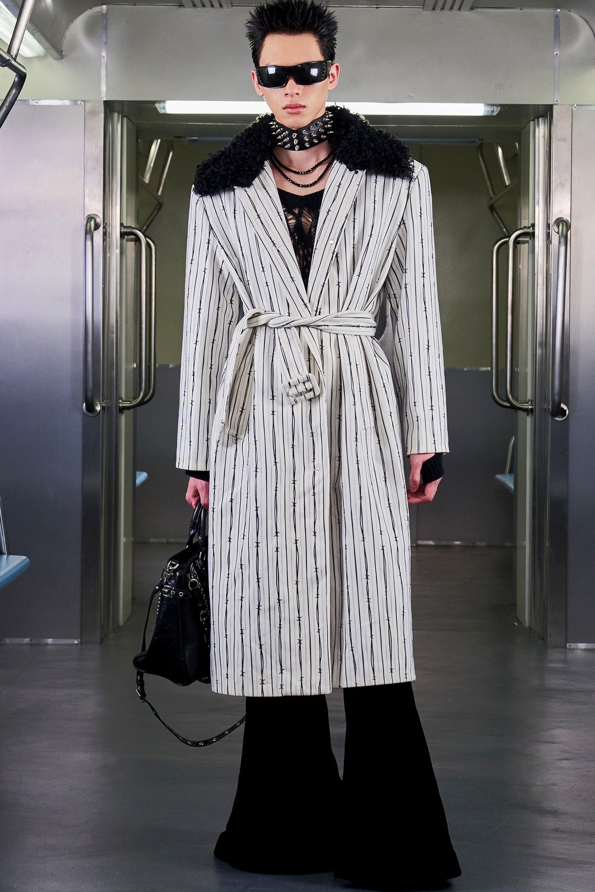 Patchwork Stripe Fur Collar Coat