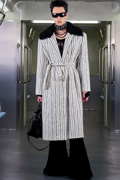 Patchwork Stripe Fur Collar Coat