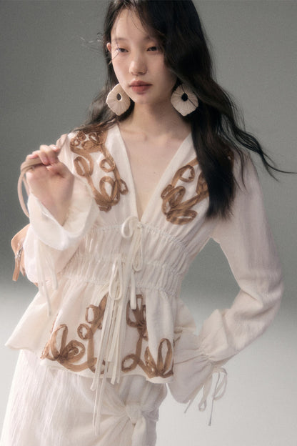 3D Tulip Floral Tencel Linen Blouse