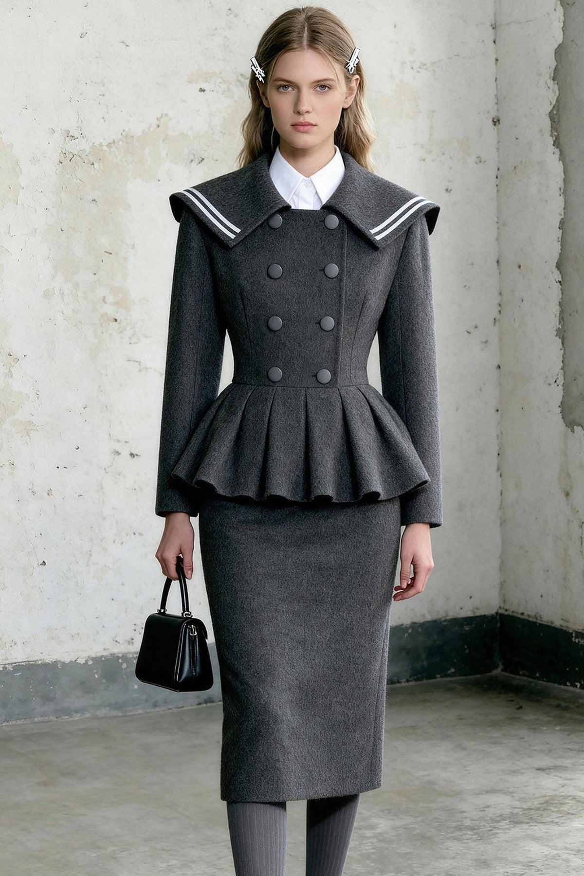 Double-Breasted Large Lapel Jacket and Skirt Set