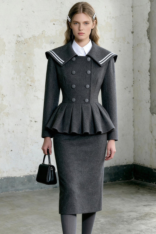 Double-Breasted Large Lapel Jacket and Skirt Set