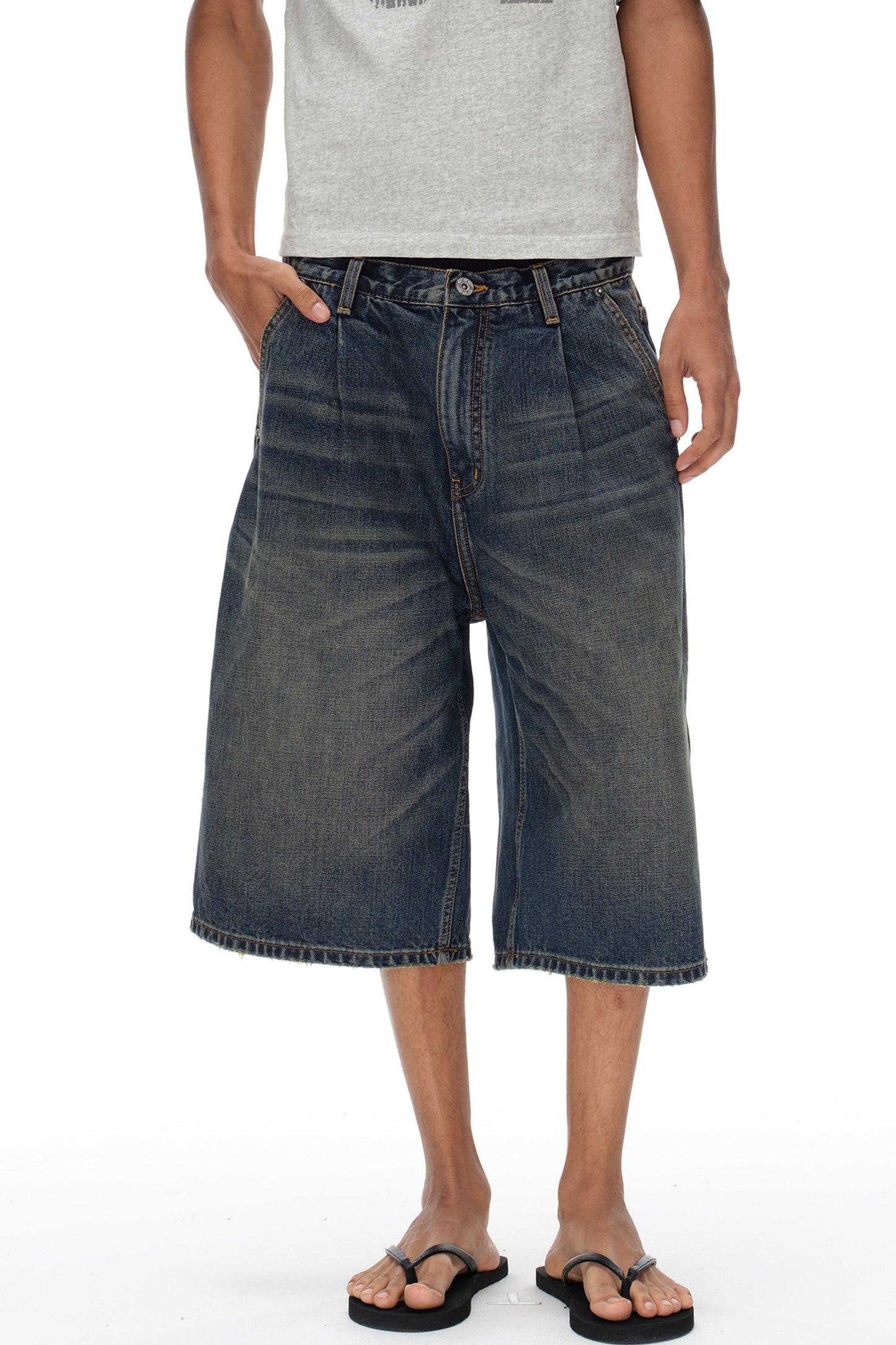 Pleated Distressed Denim Shorts