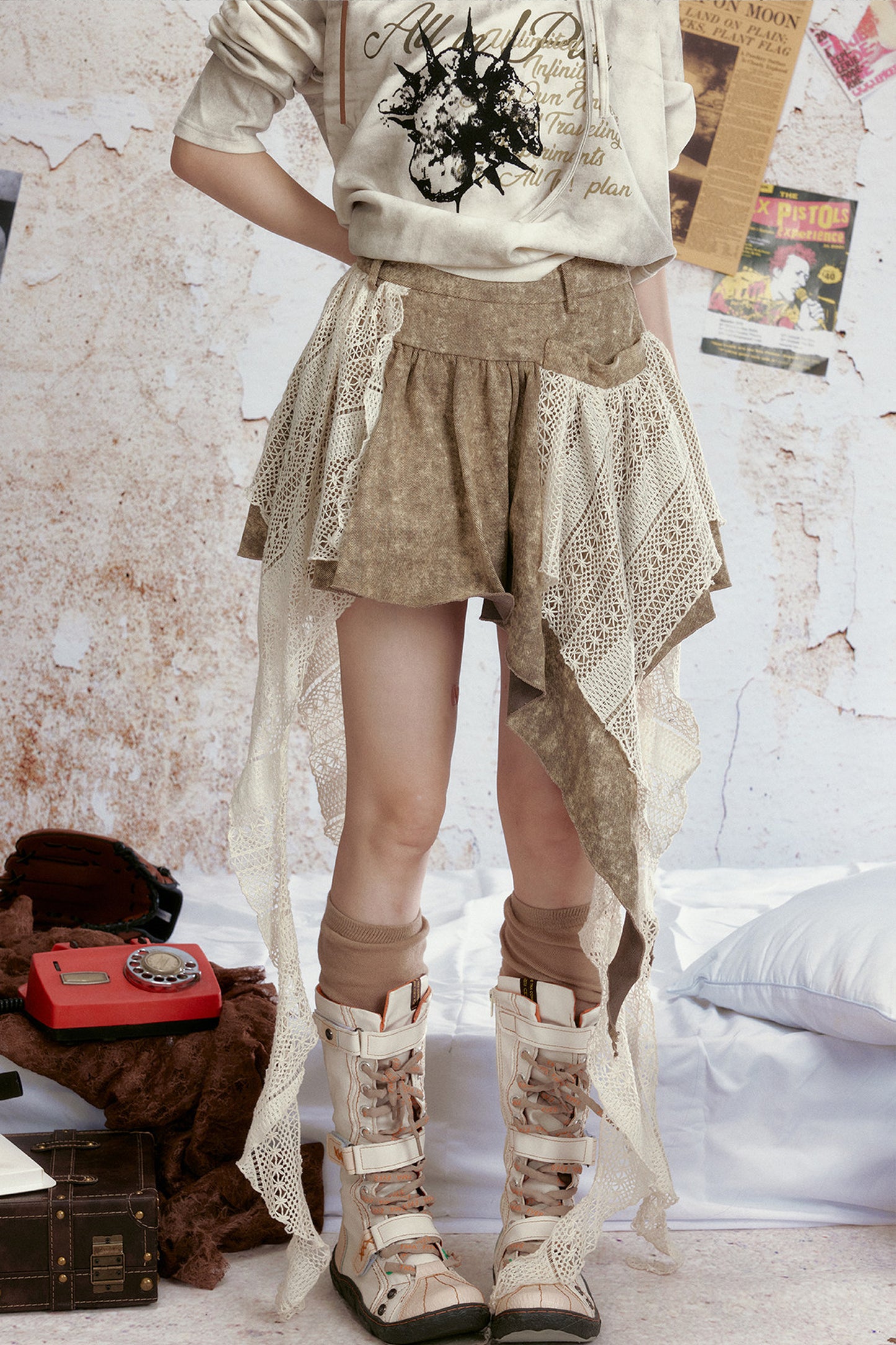 Tie-Dye Denim Ruffle Mesh Ribbon Skirt