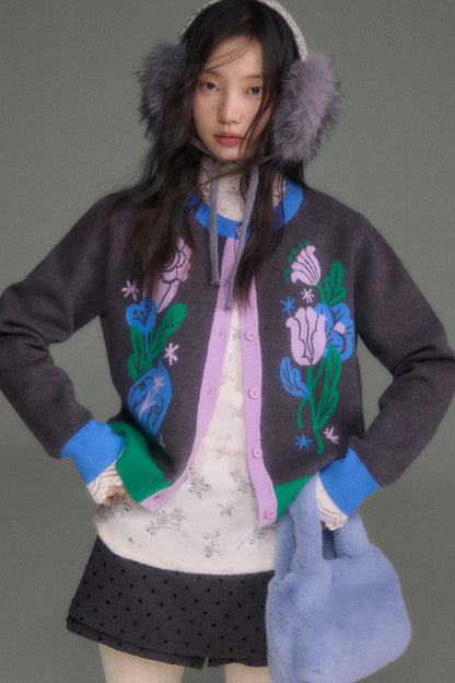 Nightingale Rose Bird Jacquard Knit Cardigan Vest and Skirt Set-Up