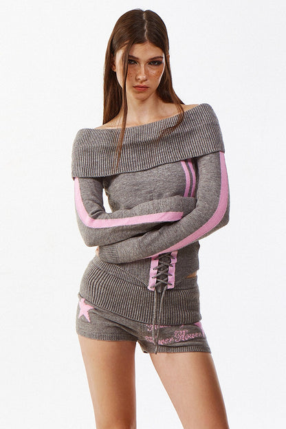Knitted Floral Gray Star Sweater With Pants Set