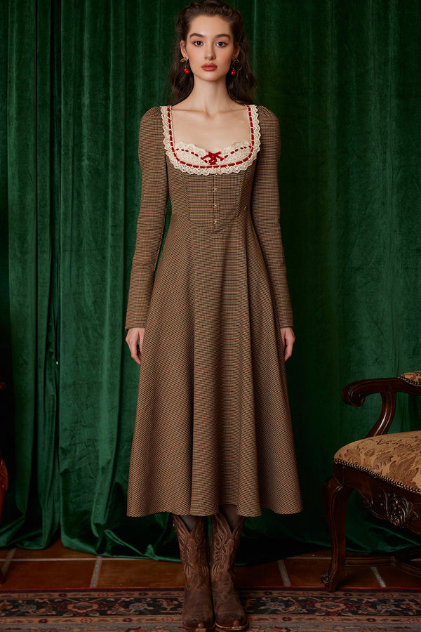 Houndstooth Long-Sleeve Fishbone Dress