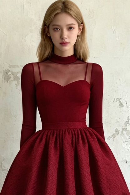 Straight Velvet High Neck Puff Dress