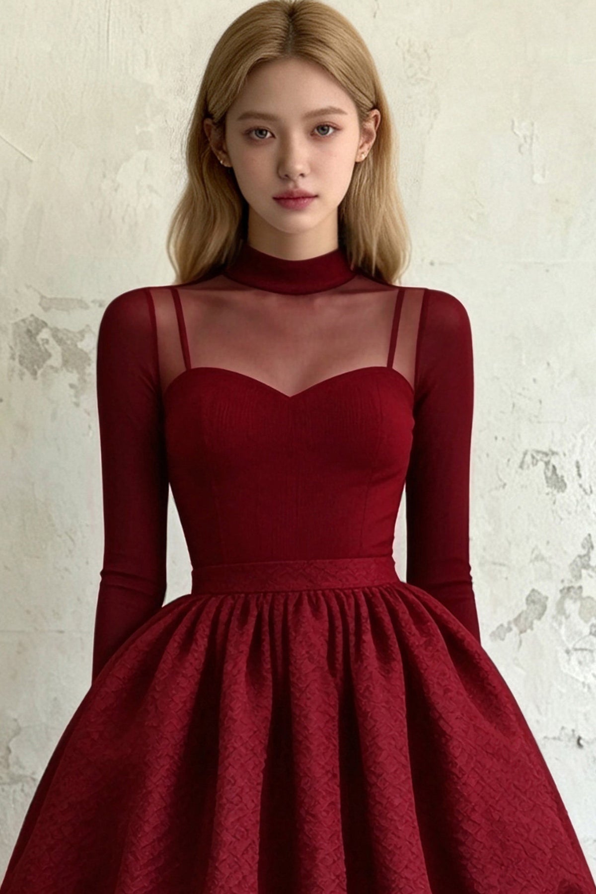 Burgundy Sheer Collar Puff Dress