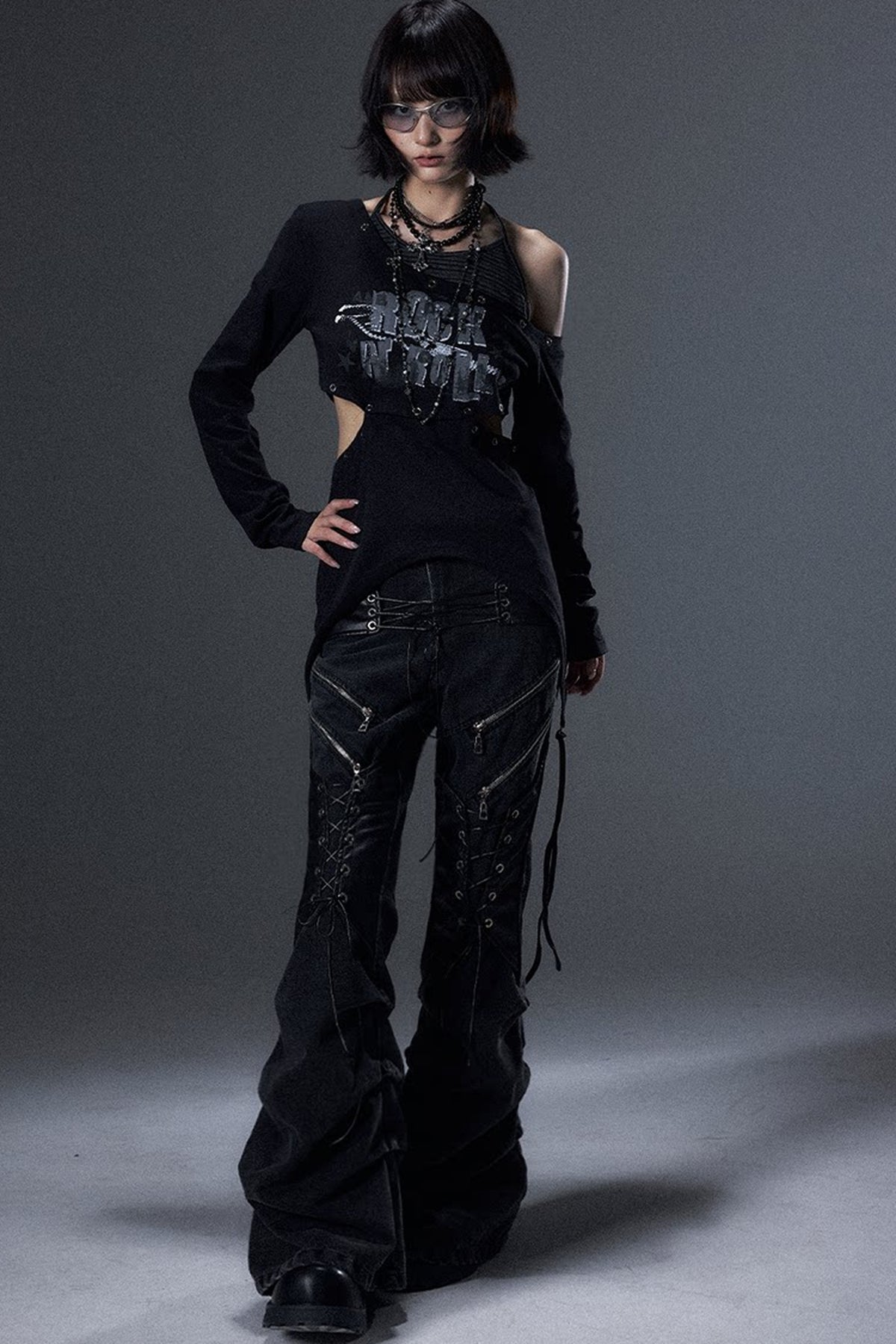 Distressed Pleated Lace-Up Denim Jeans